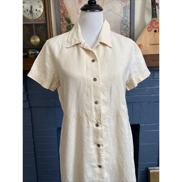 Vintage J. Jill M Embroidered Ivory Dress 100% Linen Floral Embroidered Button - Picture 9 of 16